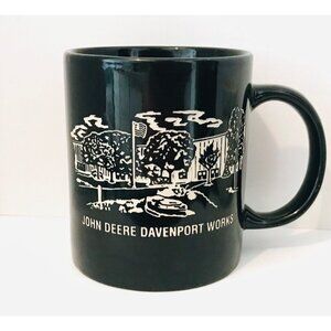 Vtg John Deere Davenport Works Etched Scene Black & White Coffee Mug Cup Iowa JD